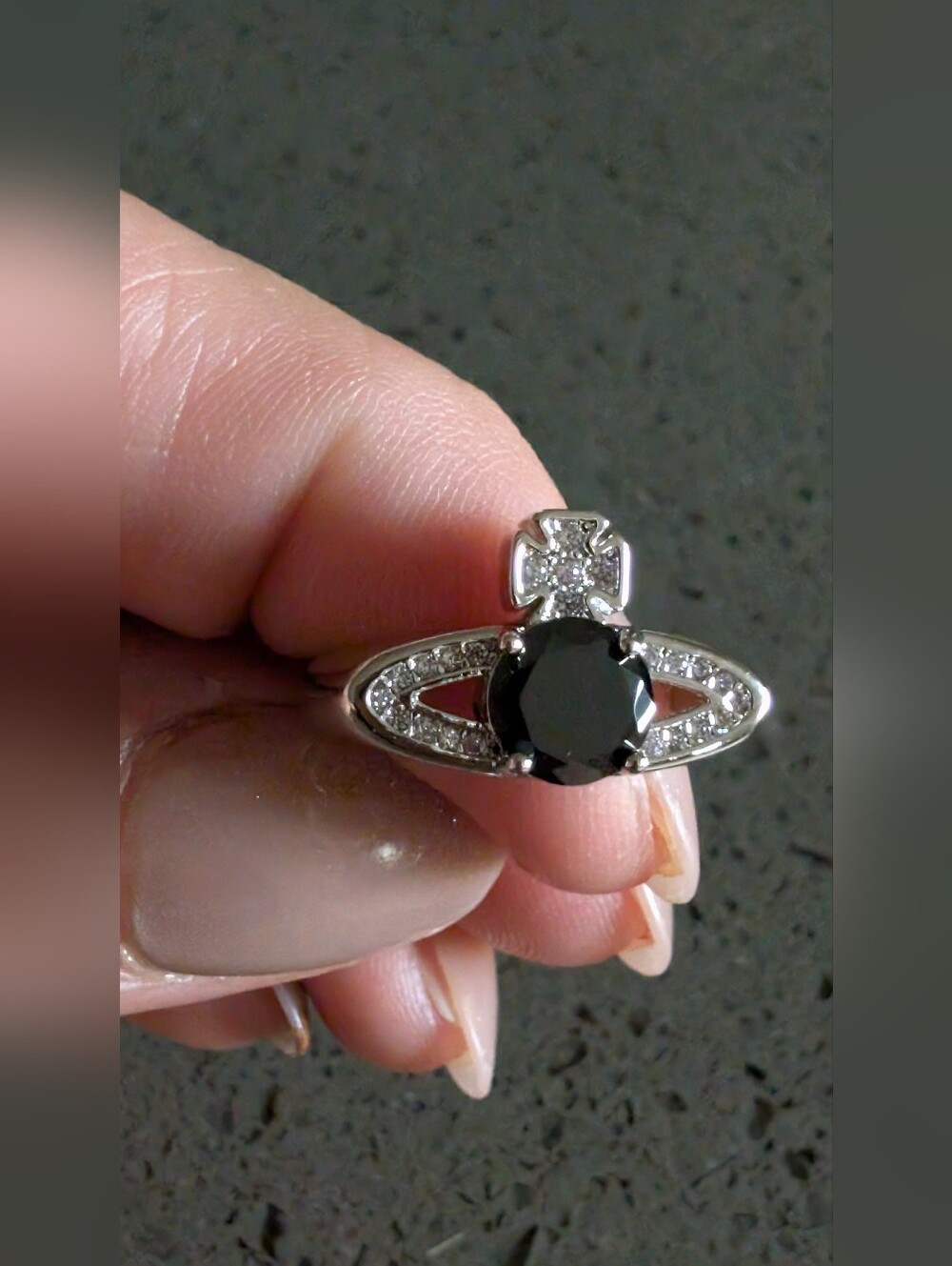 Inspired Designer Silver-Tone Black Orb Ring with Crystal Accents Nwot